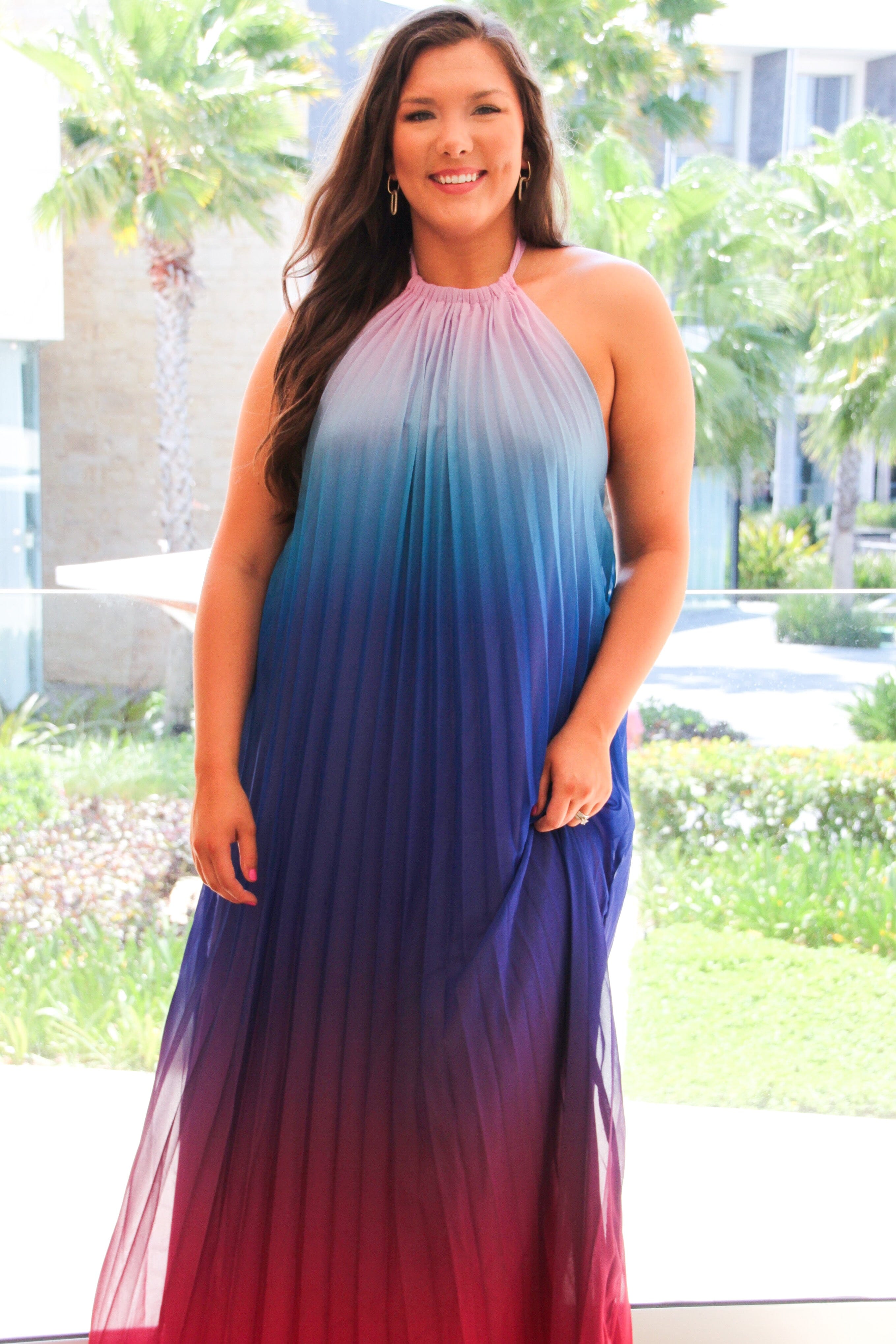 By the Water Ombre Pleated Halter Maxi Dress: Blue Multi