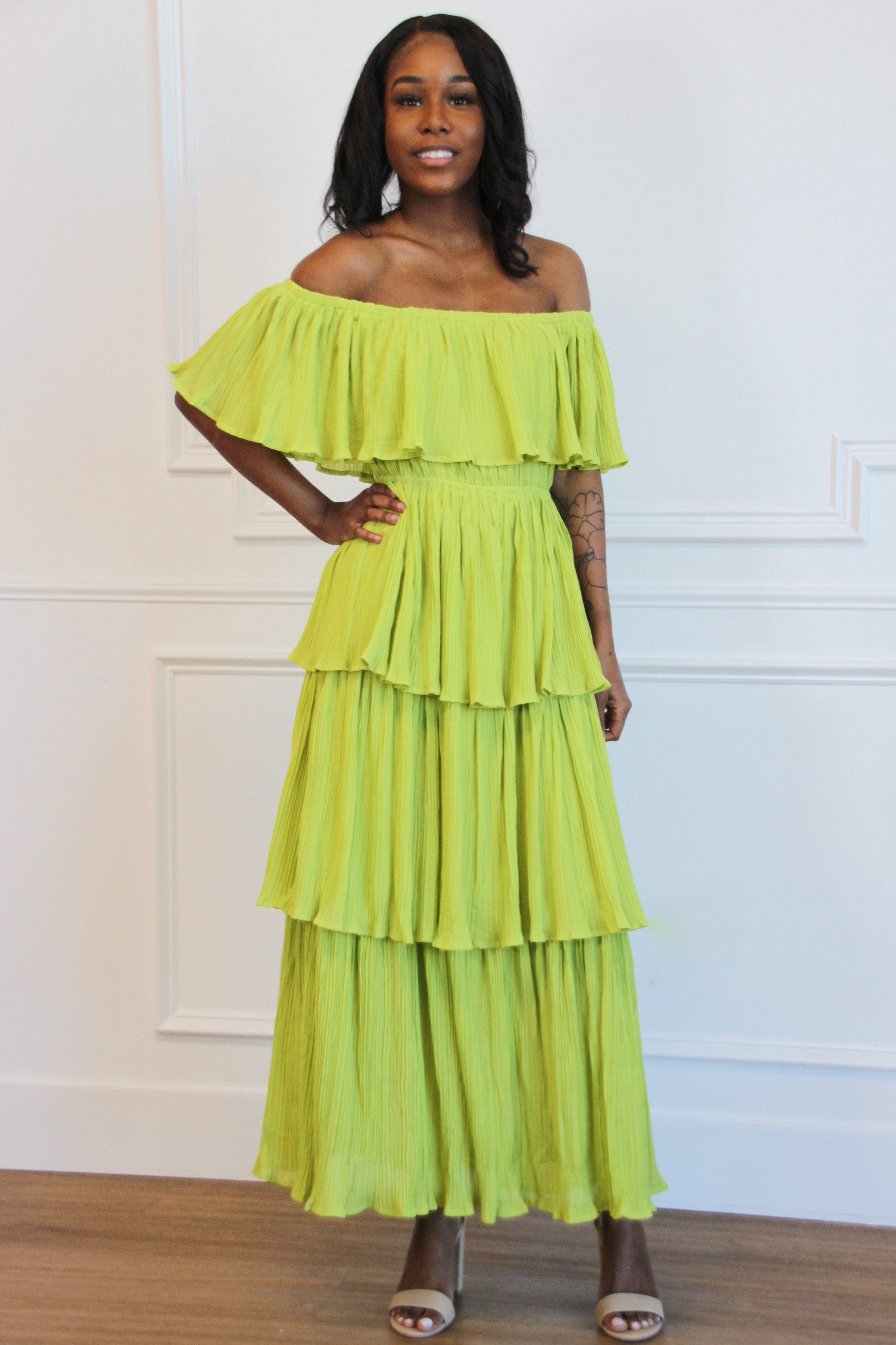 Tiered Beauty Midi Dress: Chartreuse