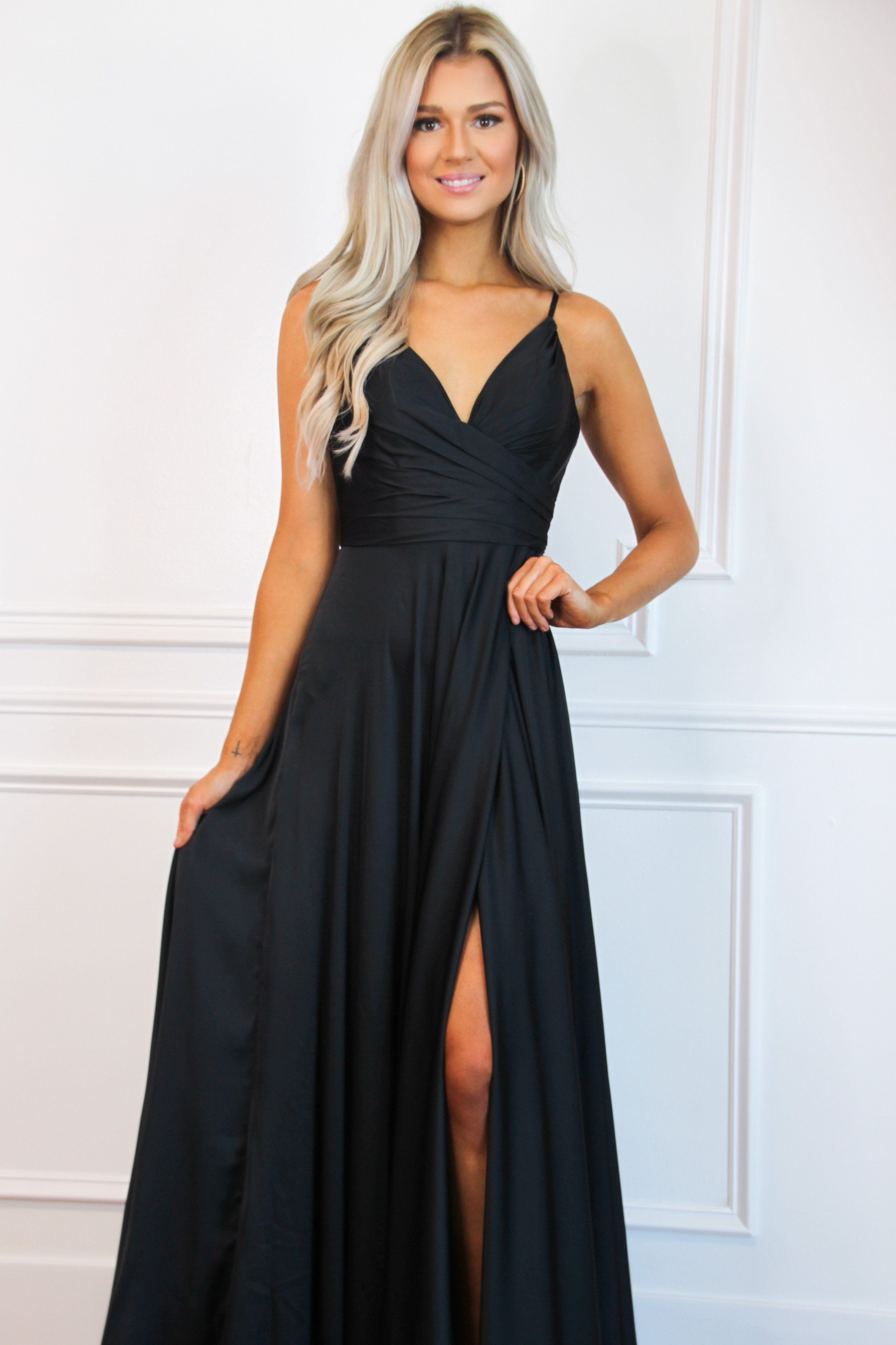 Ella Satin Slit Formal Dress: Black