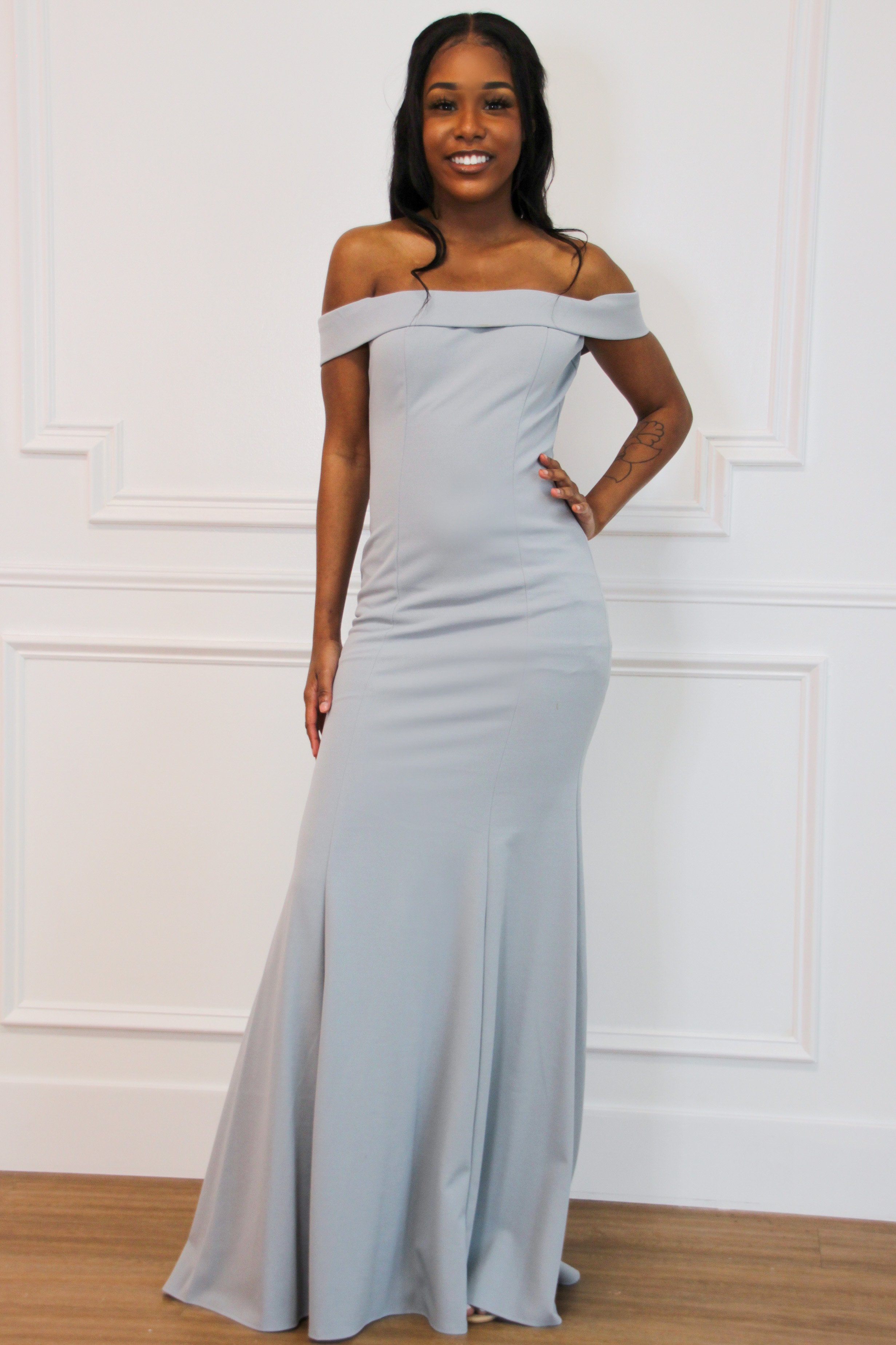 Whitney Off Shoulder Long Dress: Dove Gray