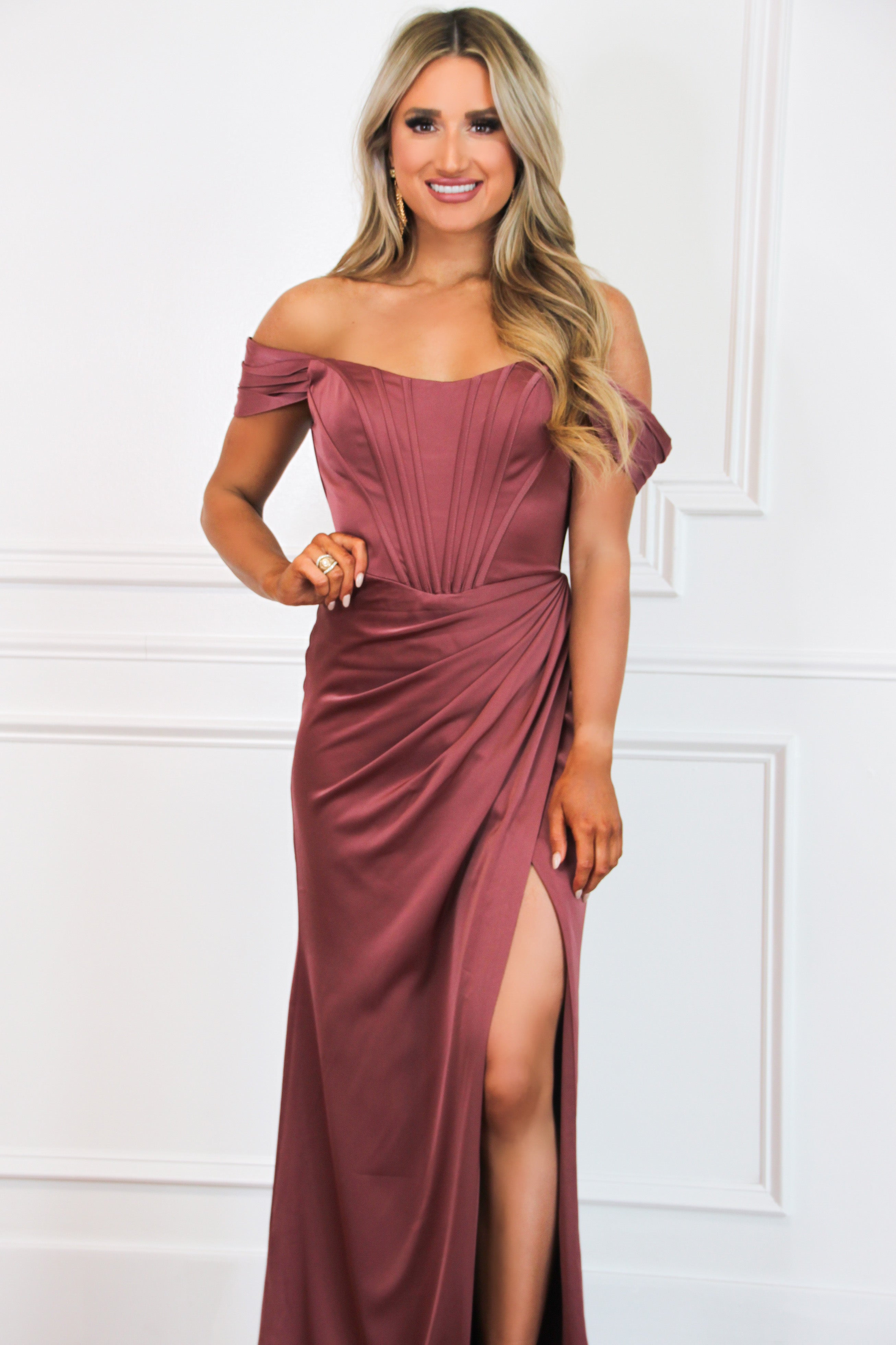 Serenity Bustier Off Shoulder Formal Dress: Rosewood