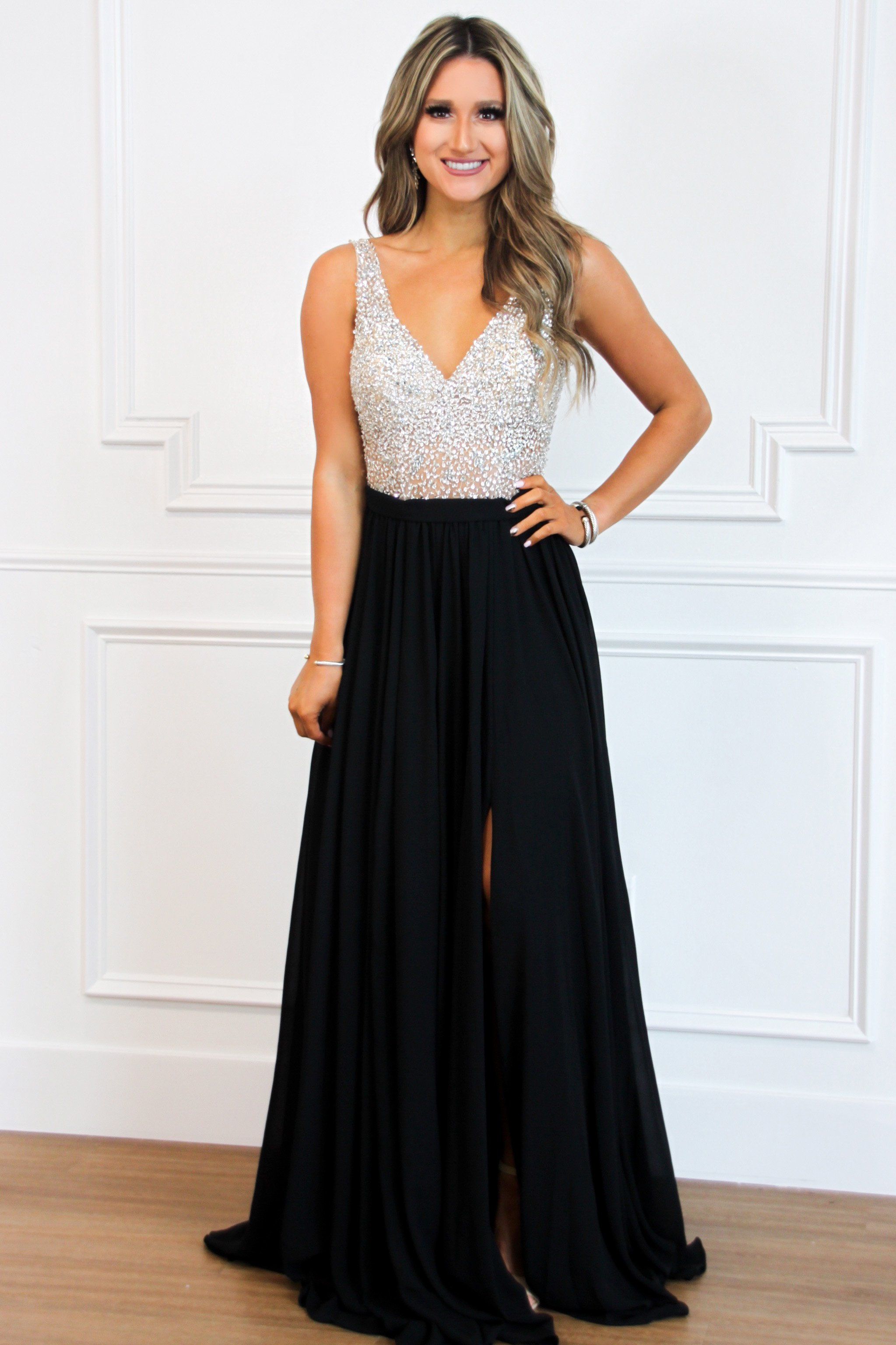 Elegant Affair Beaded Maxi Dress: Black