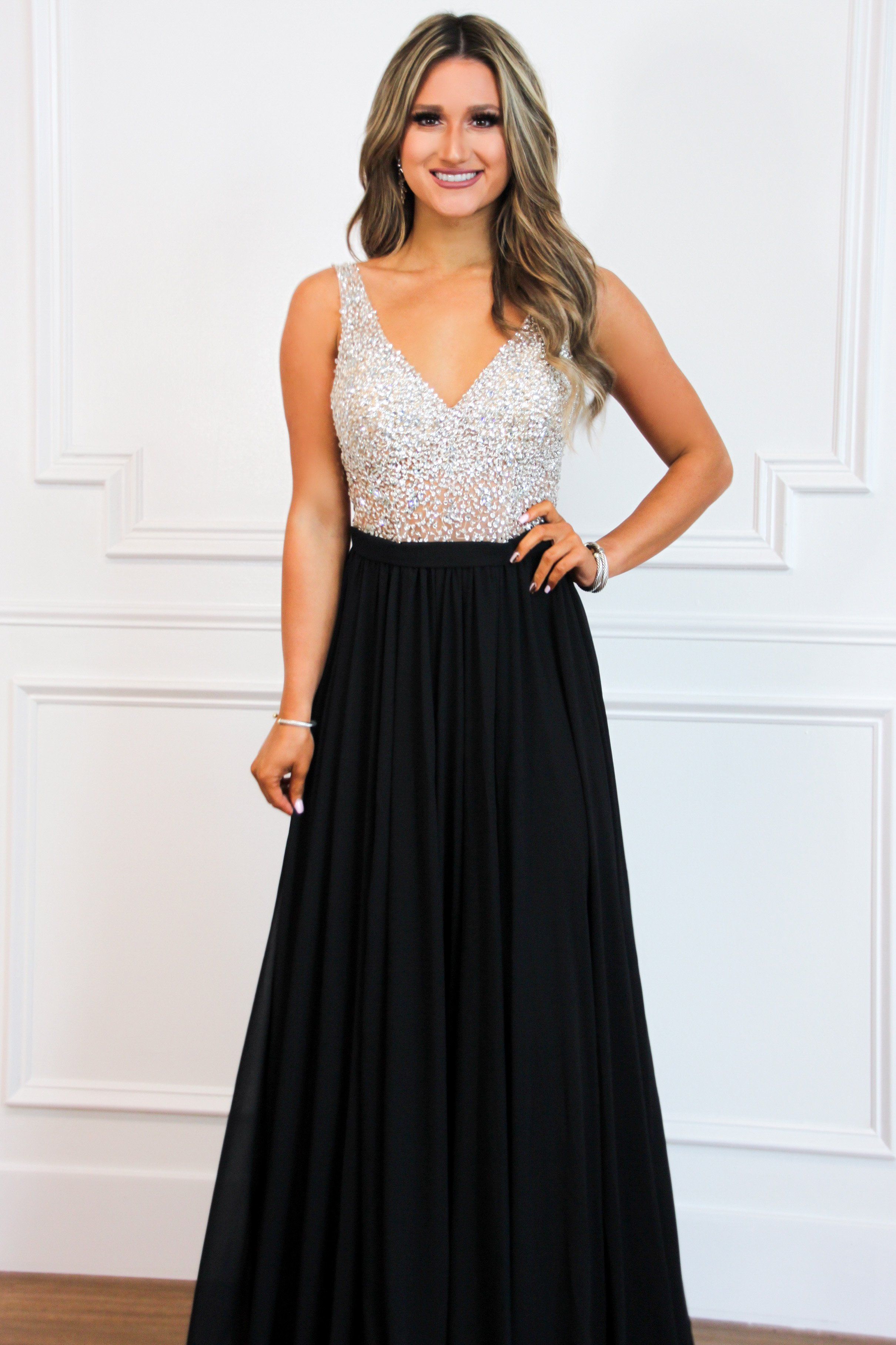 Elegant Affair Beaded Maxi Dress: Black