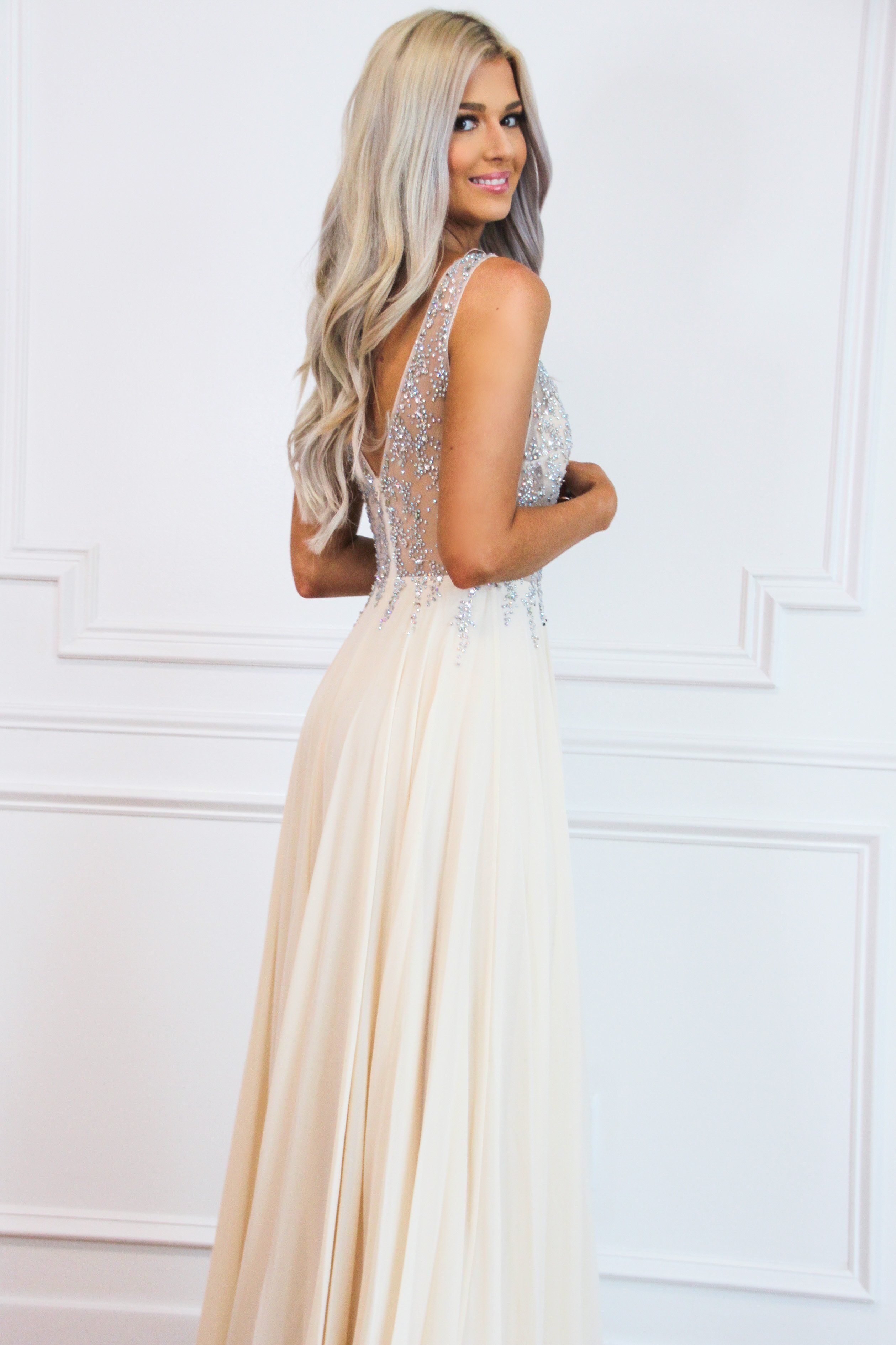 Sparkle in the Night Nude Illusion Formal Dress: Champagne