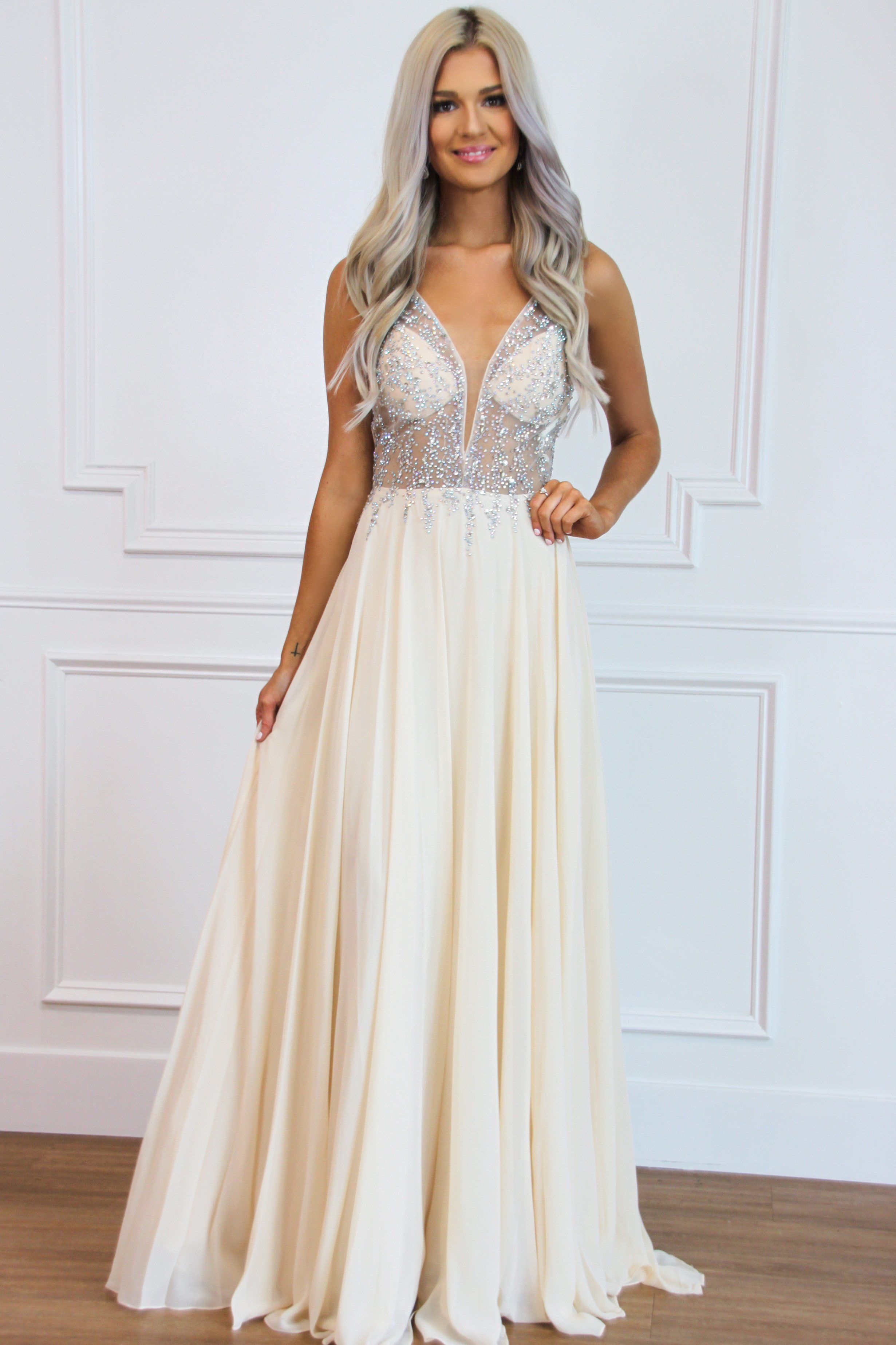 Sparkle in the Night Nude Illusion Formal Dress: Champagne