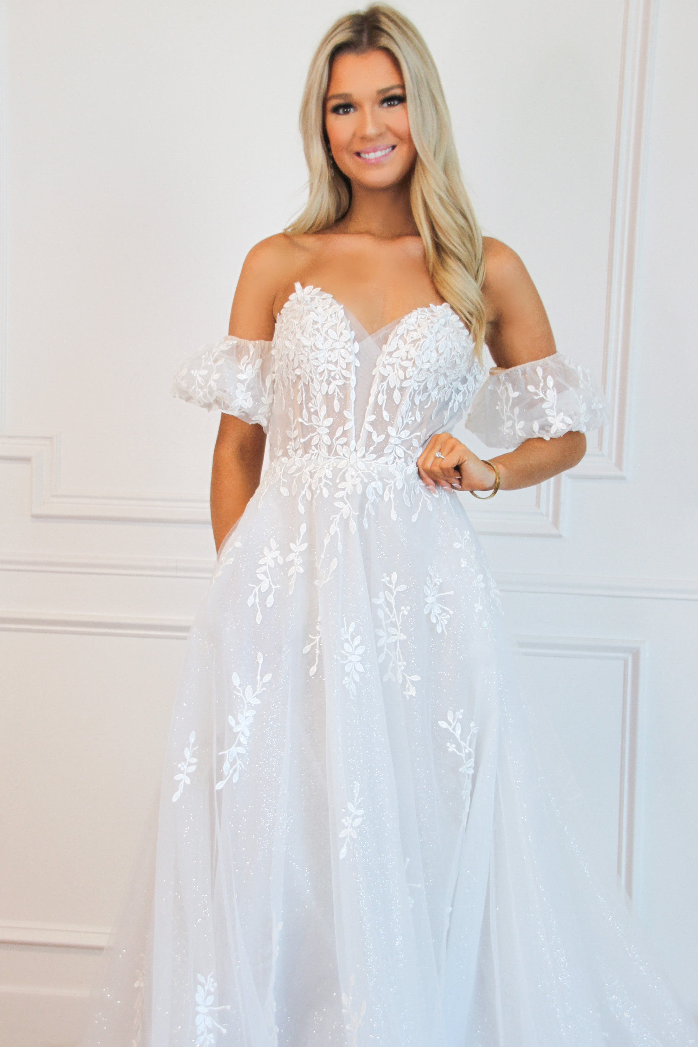 Willow Lace Sparkly Off Shoulder Wedding Dress: Off White