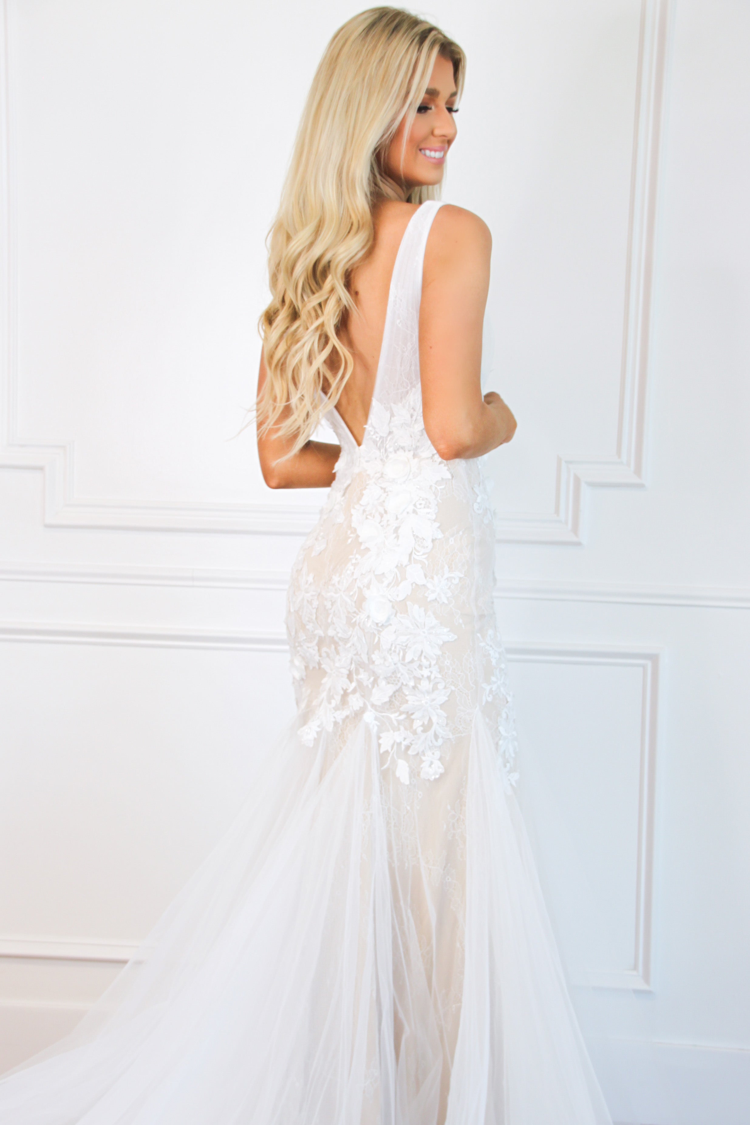 Dream Come True Lace Mermaid Wedding Dress: White/Nude