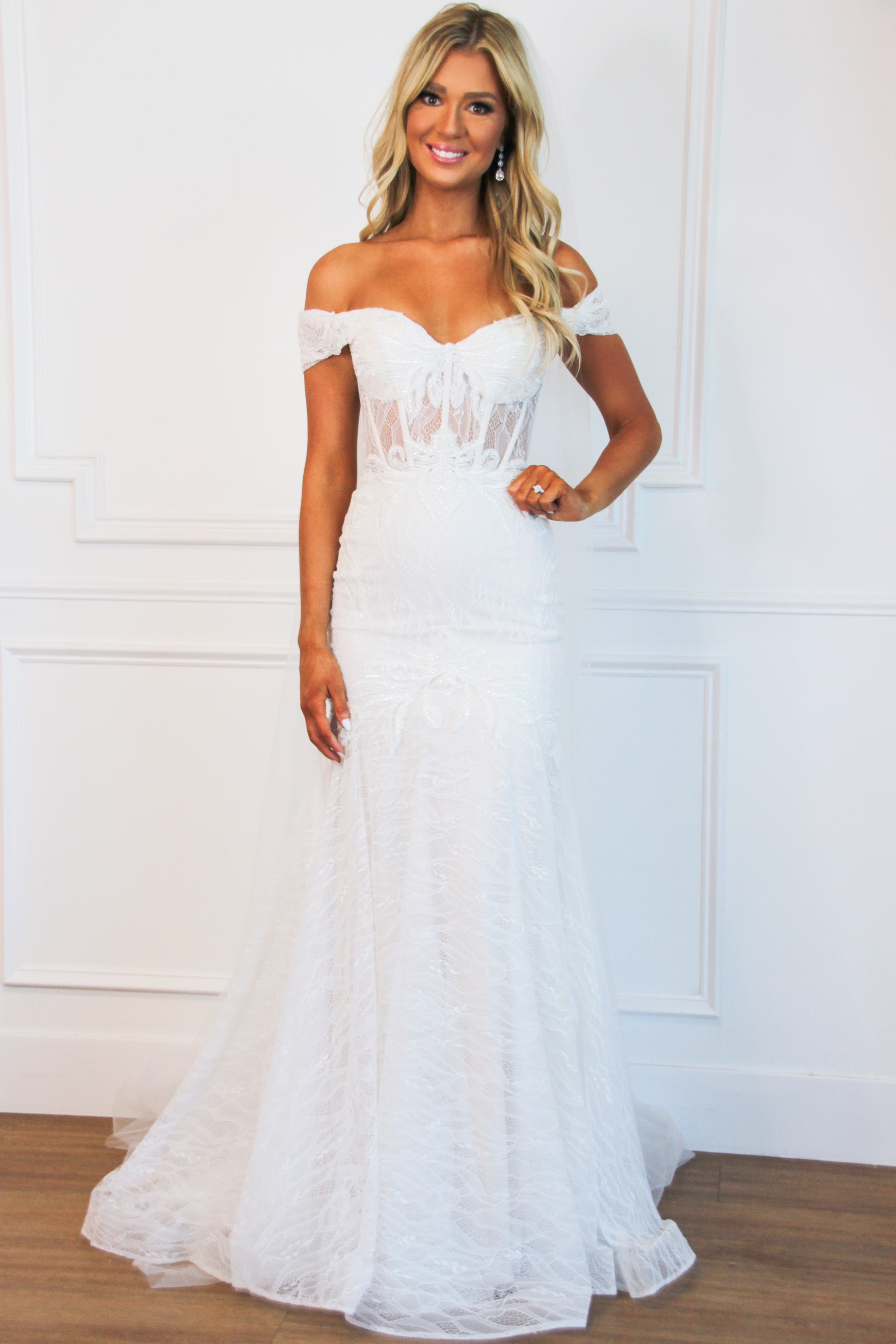 Jolie Off Shoulder Lace Mermaid Wedding Dress: Off White