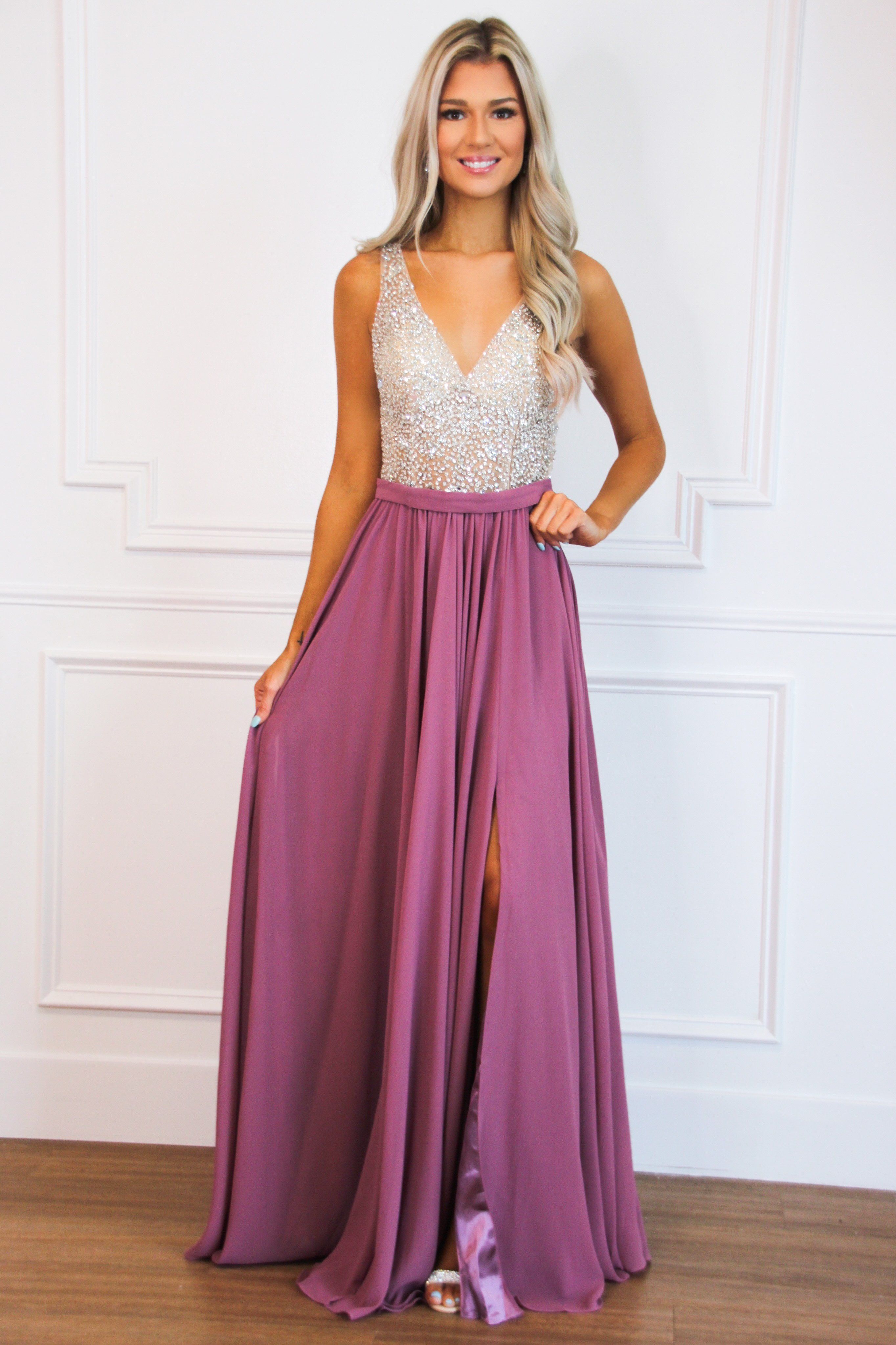 Elegant Affair Beaded Maxi Dress: Dusty Rose