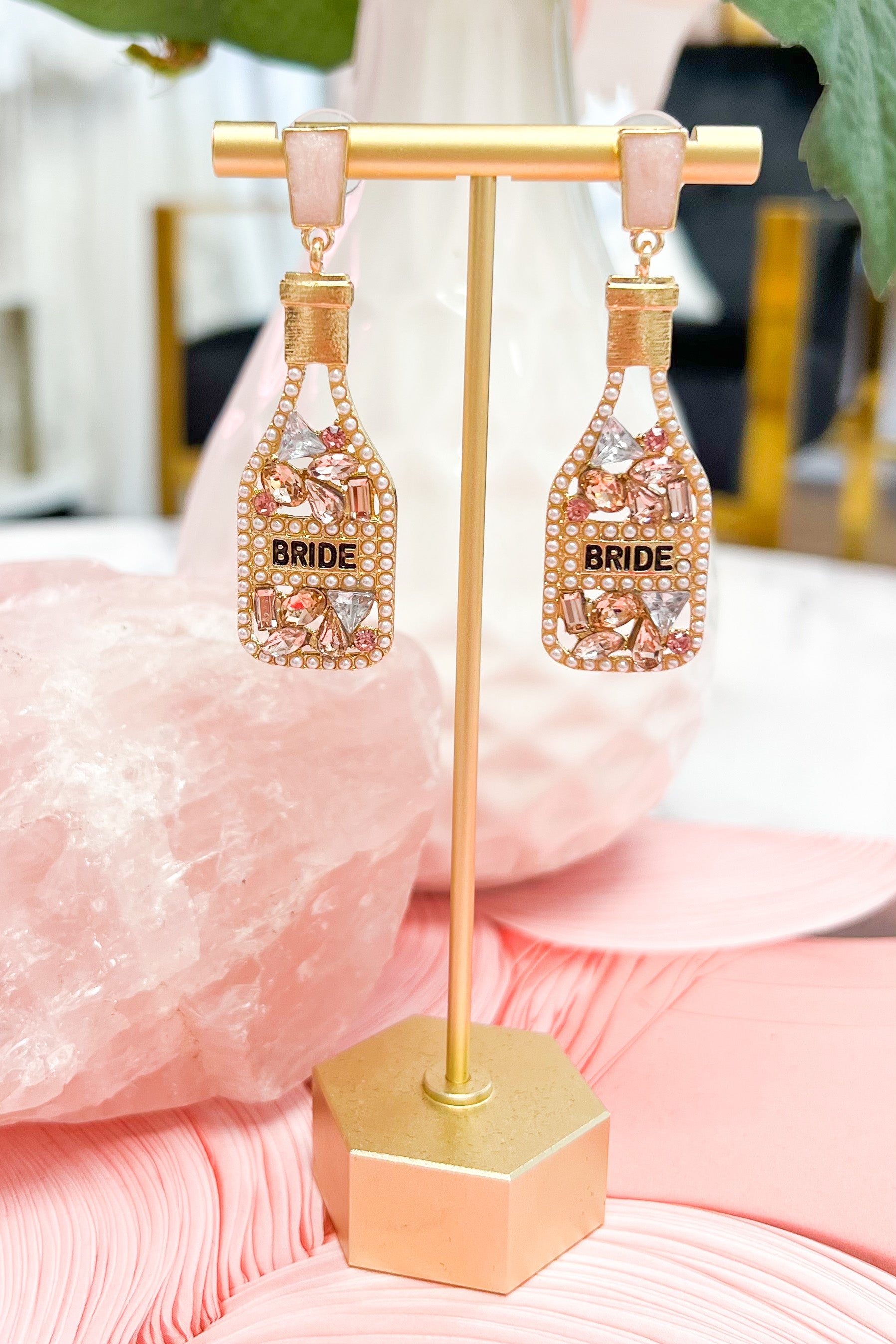 Rainbow Champagne Bottle Earrings: Gold BRIDE