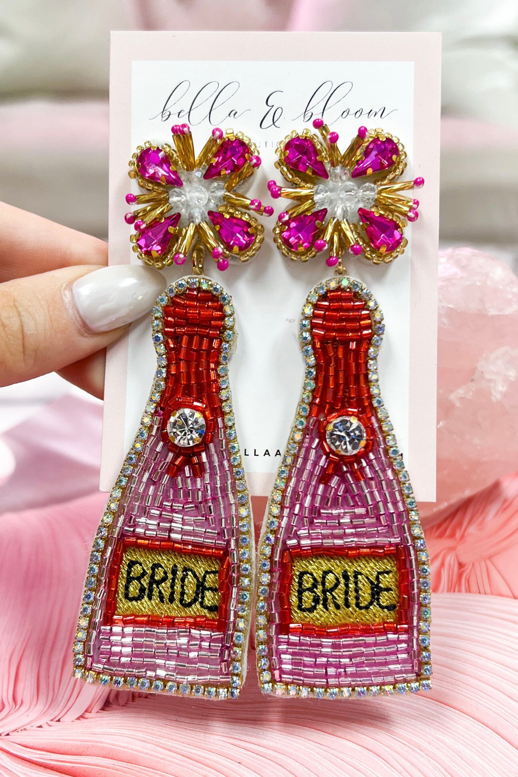 Beaded Bride Champagne Bottle Earrings: Fuchsia/Gold