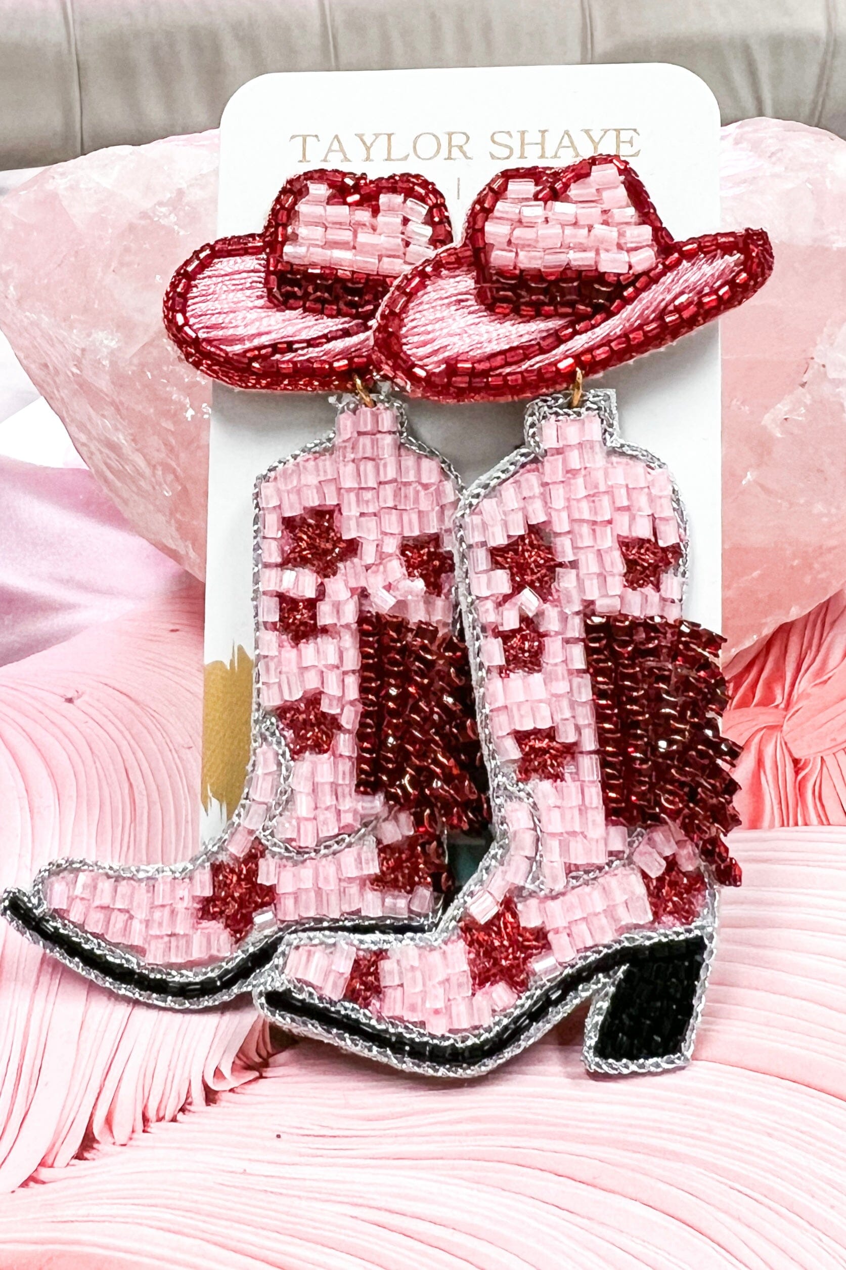 Beaded Cowboy Boot Earrings - TAYLOR SHAYE: Fuchsia/Light Pink