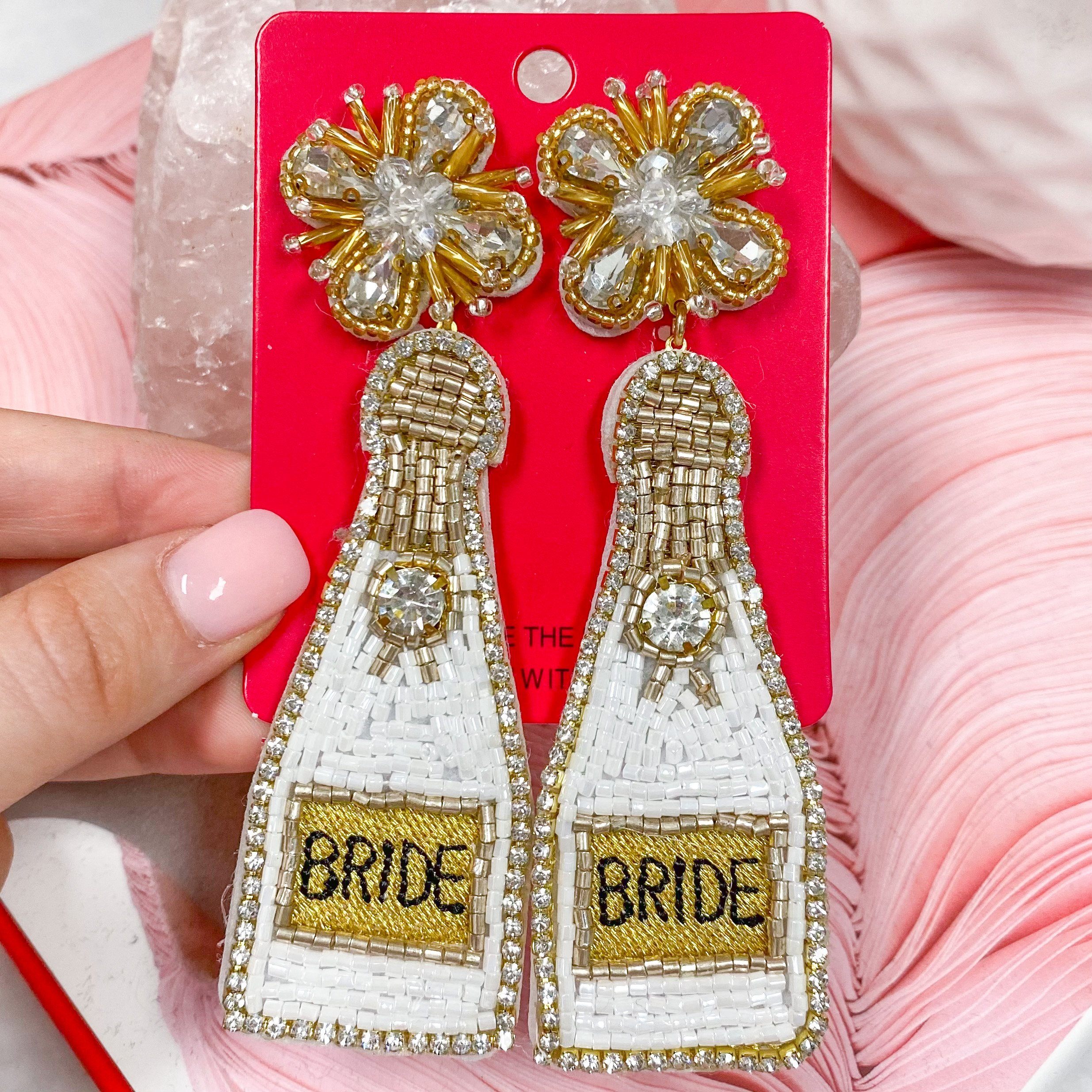 Beaded Bride Champagne Bottle Earrings: White/Gold