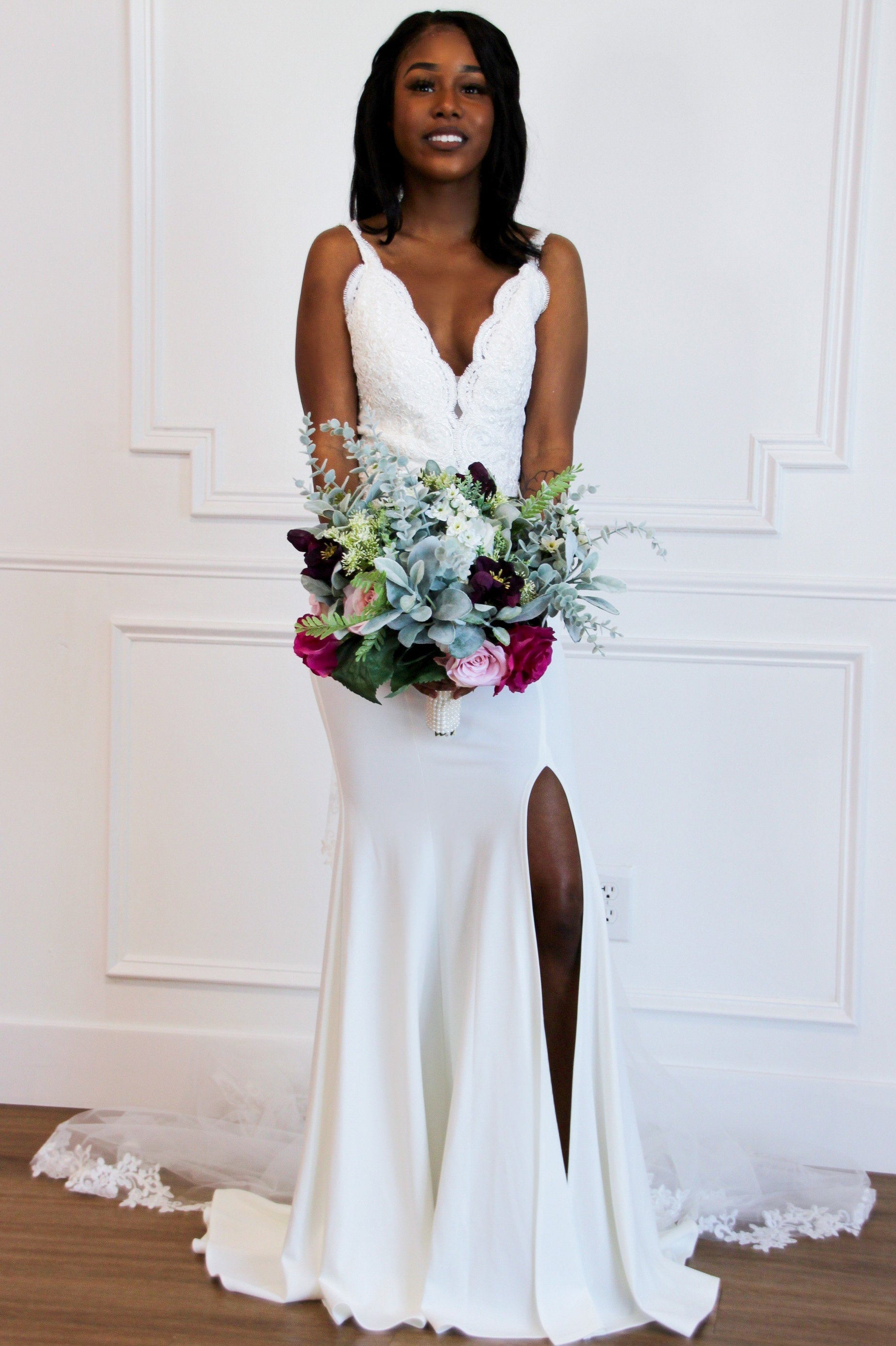 Simple Elegance Slit Wedding Dress: White