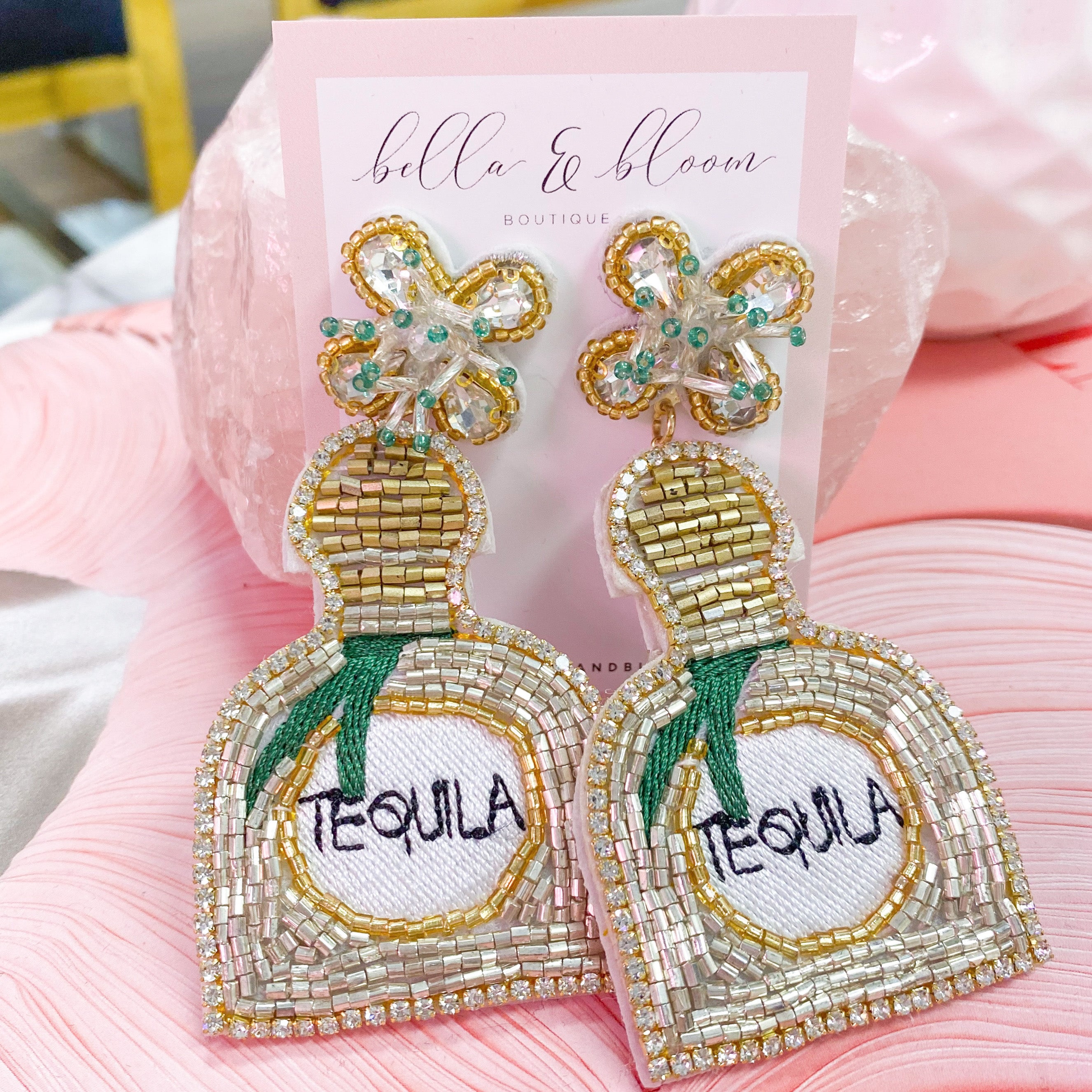 Beaded Tequila Bottle Earrings: Gold Multi