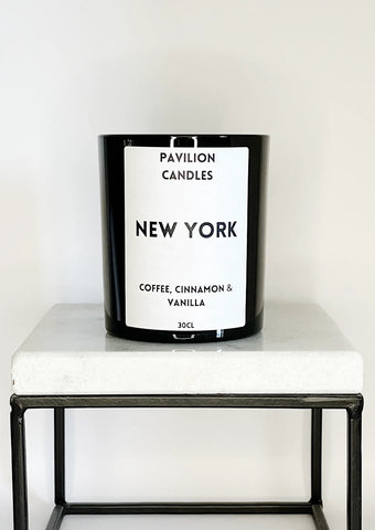 Handmade New York scented candle in black glass casing 