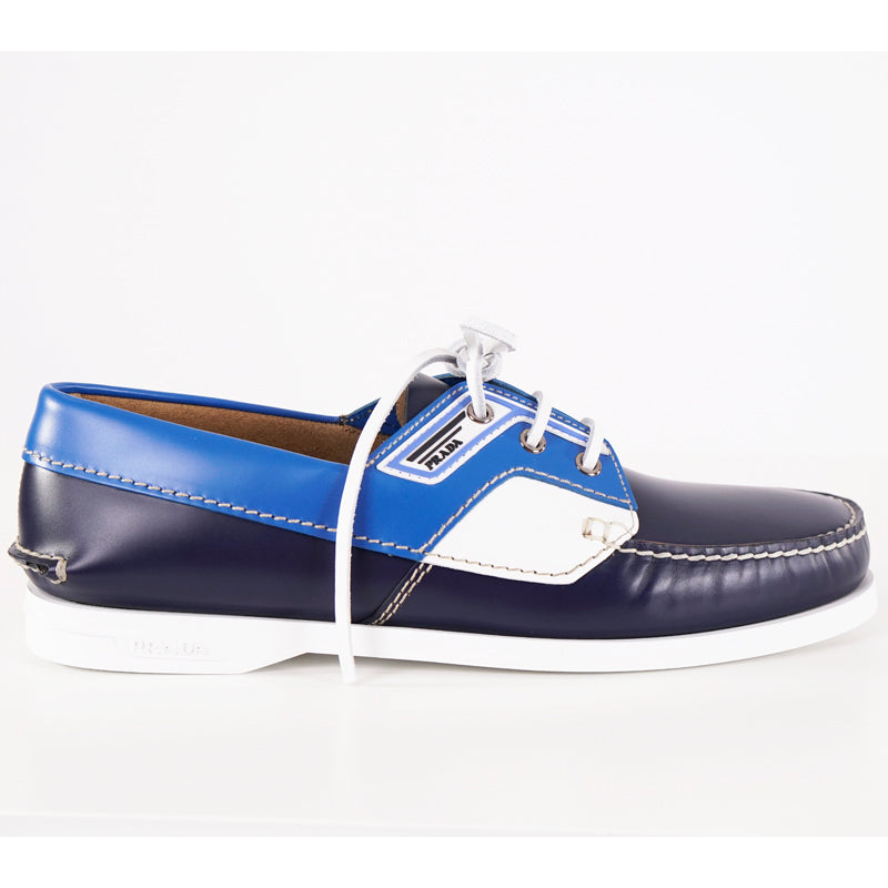 US  & US 9 NEW $690 PRADA Blue Leather COLOR BLOCK Sporty BOAT DECK –  COUTURE FOR ALL