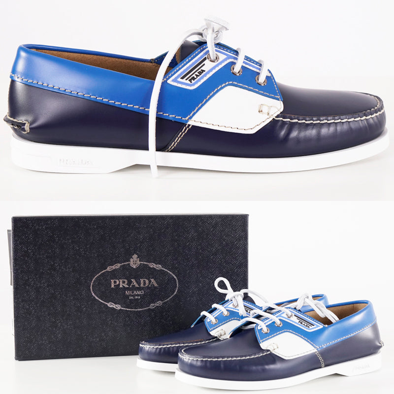 US  & US 9 NEW $690 PRADA Blue Leather COLOR BLOCK Sporty BOAT DECK –  COUTURE FOR ALL