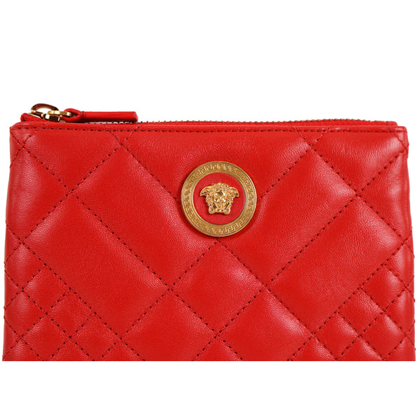 NEW $375 VERSACE Red Leather GOLD BAROCCO V LOGO VIRTUS Lanyard ID CARD  CASE