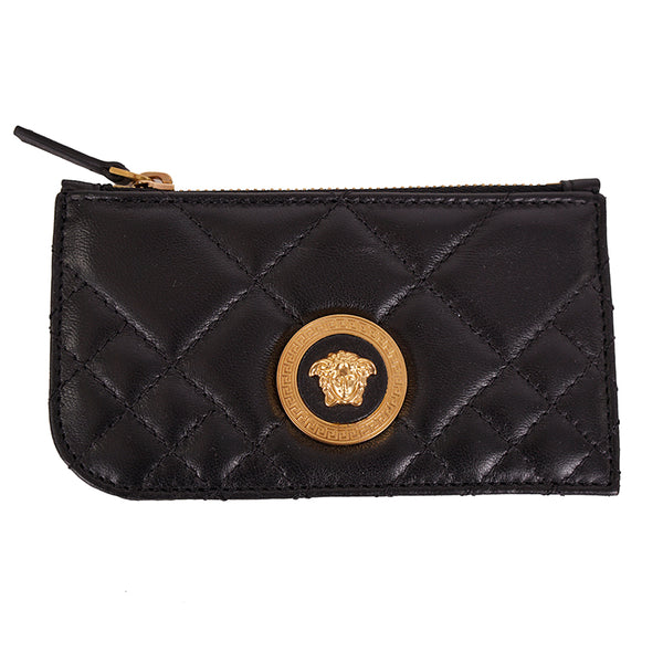 NEW $425 VERSACE TRIBUTE Black Leather Quilted MEDUSA Zip Card Key Holder WALLET