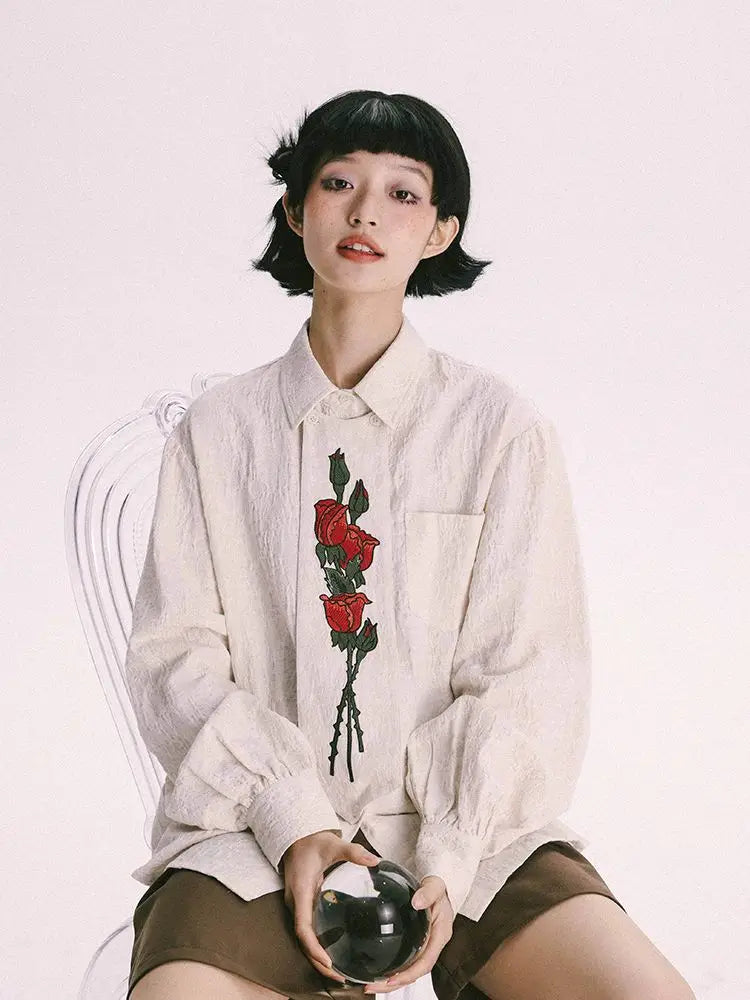 Floral Embroidered Tie Blouse