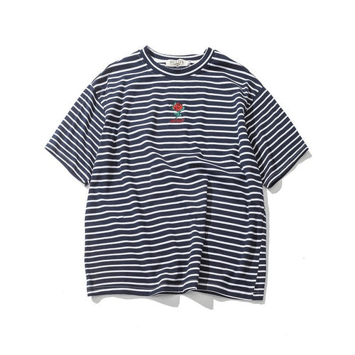 Rose Embroidery Striped Tee