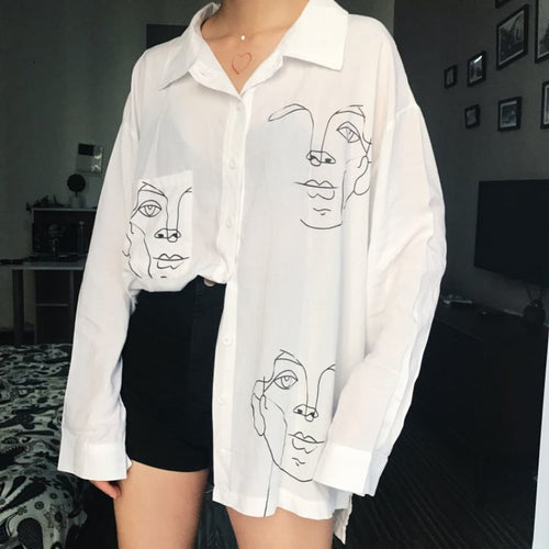 Abstract Face Long Collar Shirt