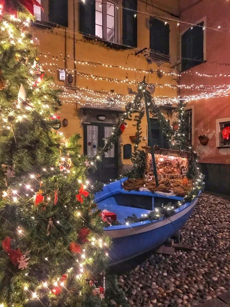 Nativity scene set inside a fishing boat in the mariner village in Boccadasse Italy