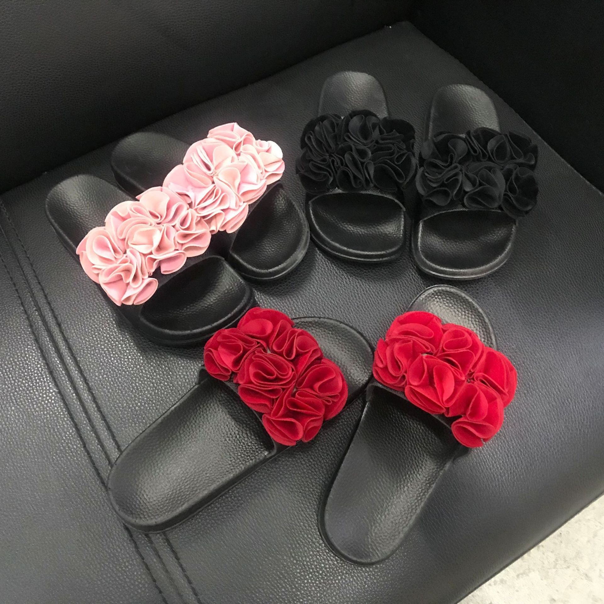 Women's flower decor slides with arch support | Flat open toe slides ...