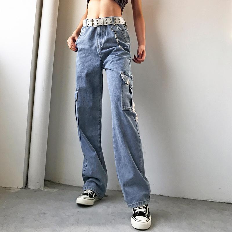 Women's fashion cargo jeans | Mid rise straight leg denim jeans | Loose ...