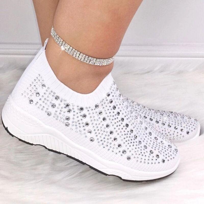 Women's summer flyknit slip on rhinestone sneakers