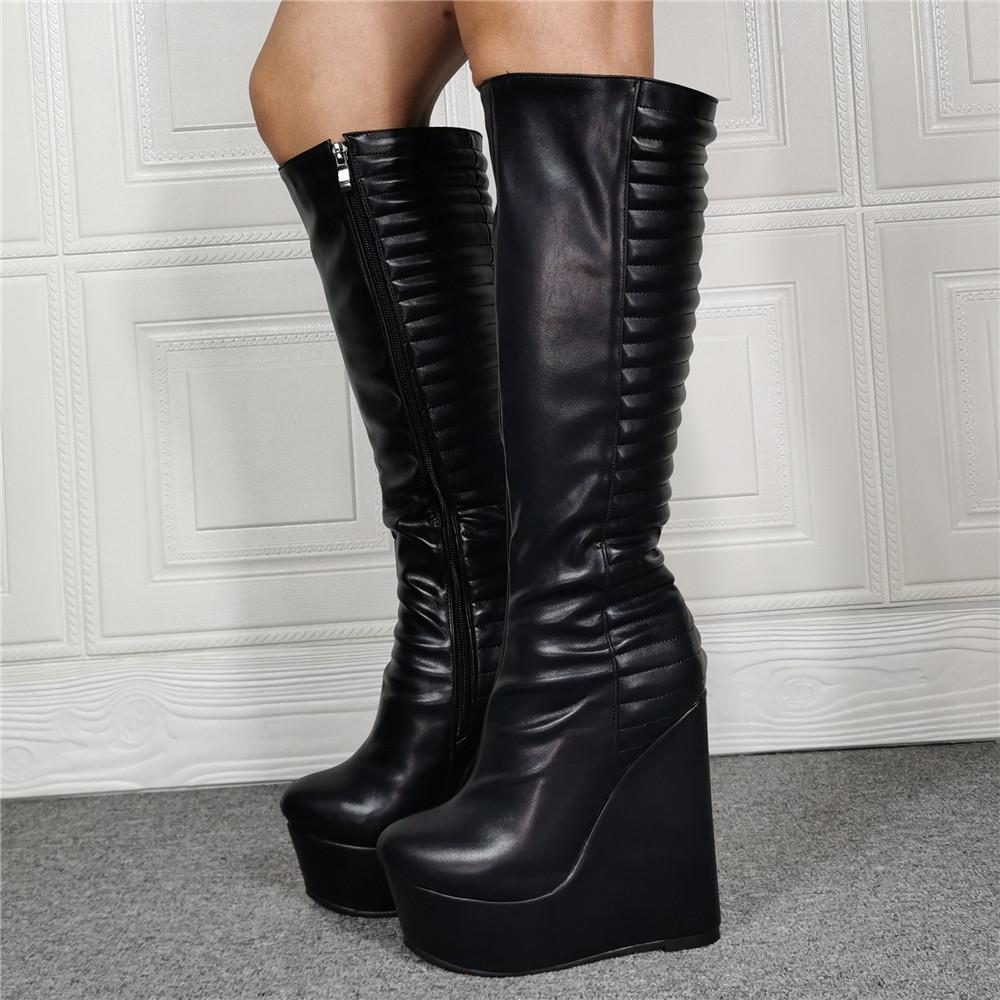 Women black PU leather gothic platform wedge knee high boots ...
