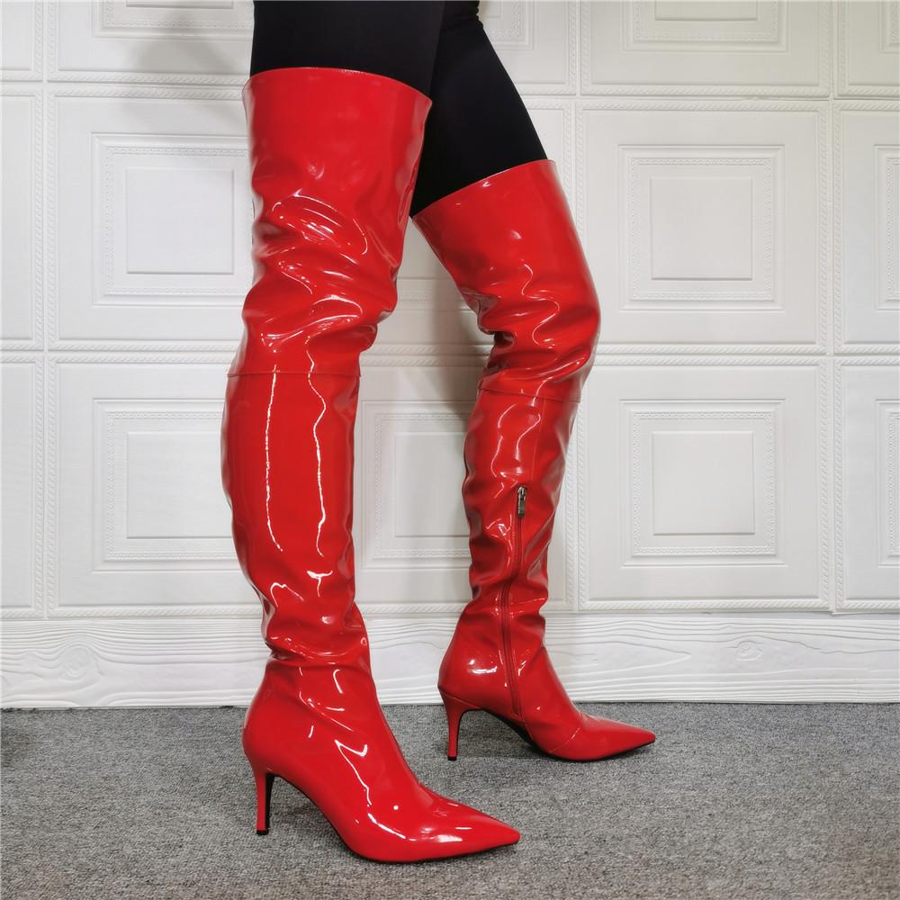 Women red PU leather pointed toe over the knee stiletto boots | Sexy p ...