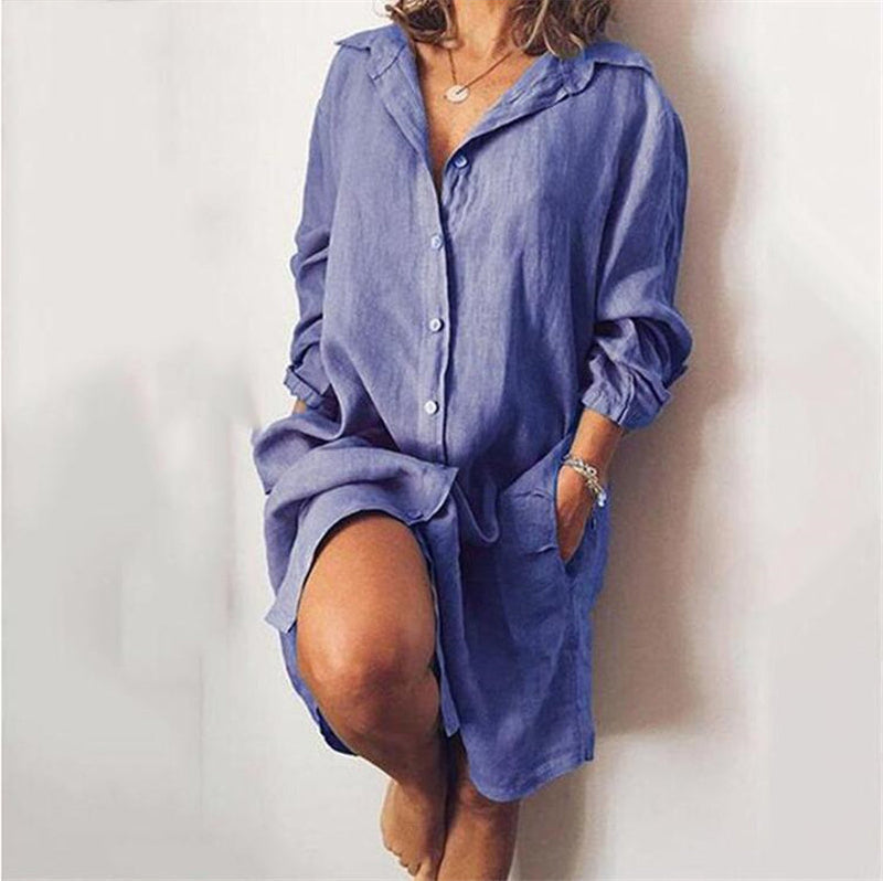 Women's button-down tunic long sleeves shirts Longline loose fit blouse