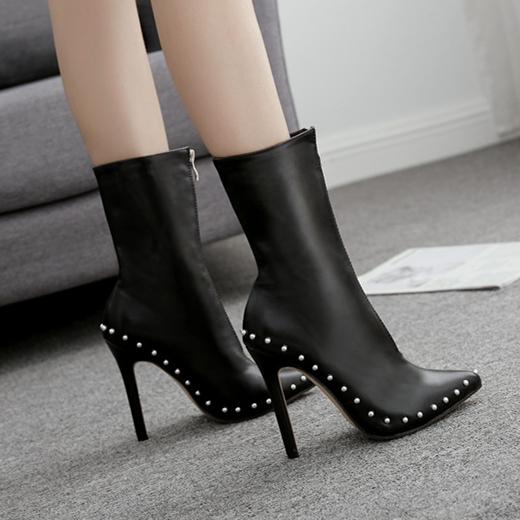 Women's studded pointed toe stiletto booties | PU leather front zipper ...
