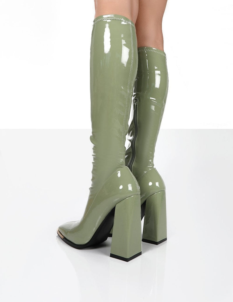 PU patent leather chunky high heel knee high boots