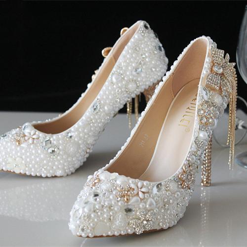 Women's elegant white pearls rhinestone pointed toe pumps | Wedding ...