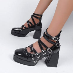 Black chunky heels marry jane shoes sexy vintage buckle strap sandals