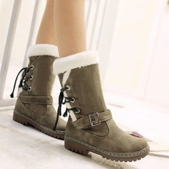 Plush lined mid calf snow boots | Back lace-up winter fluffy boots ...