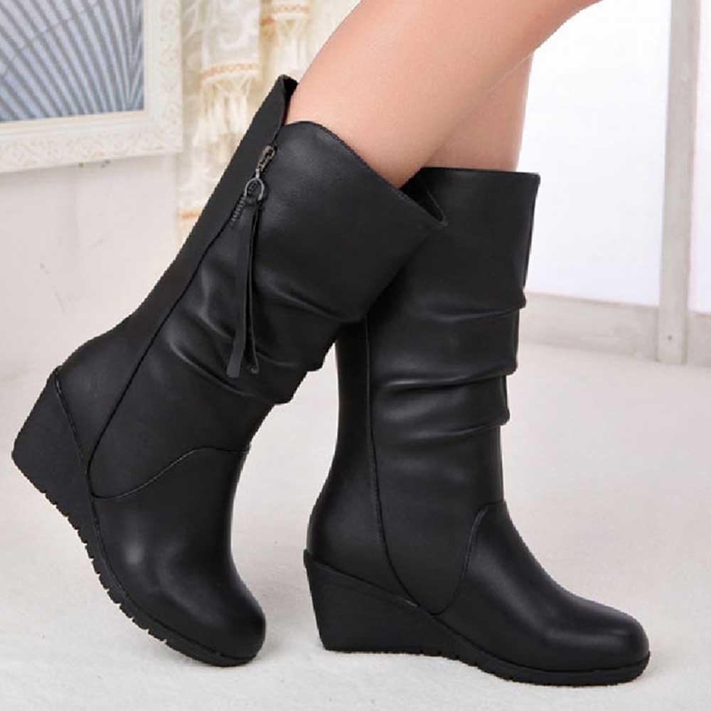 Women's black wedge boots | Vintage mid calf boots with zipper ...