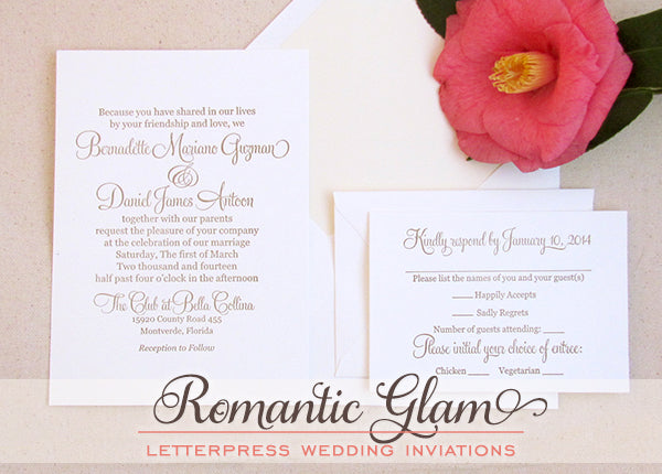 letterpress wedding invitation romantic glam