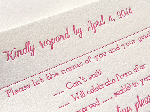 letterpress wedding rsvp pink and gold