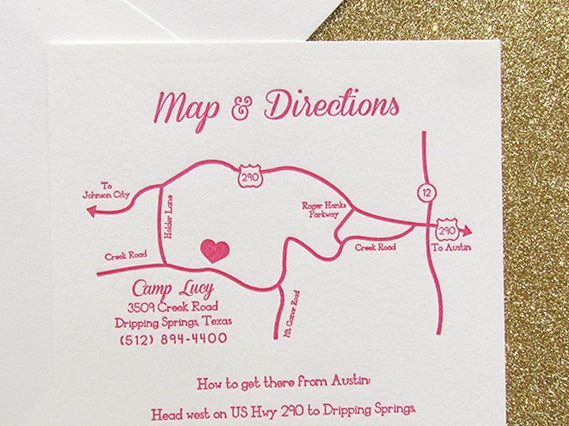 letterpress wedding invitation custom map pink and gold