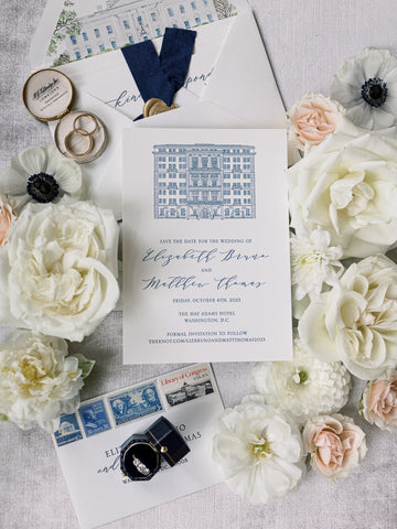 Letterpress Printed Save the Date with Venue Sketch of Hay-Adams Hotel in Washington DC by Dinglewood Design and Press