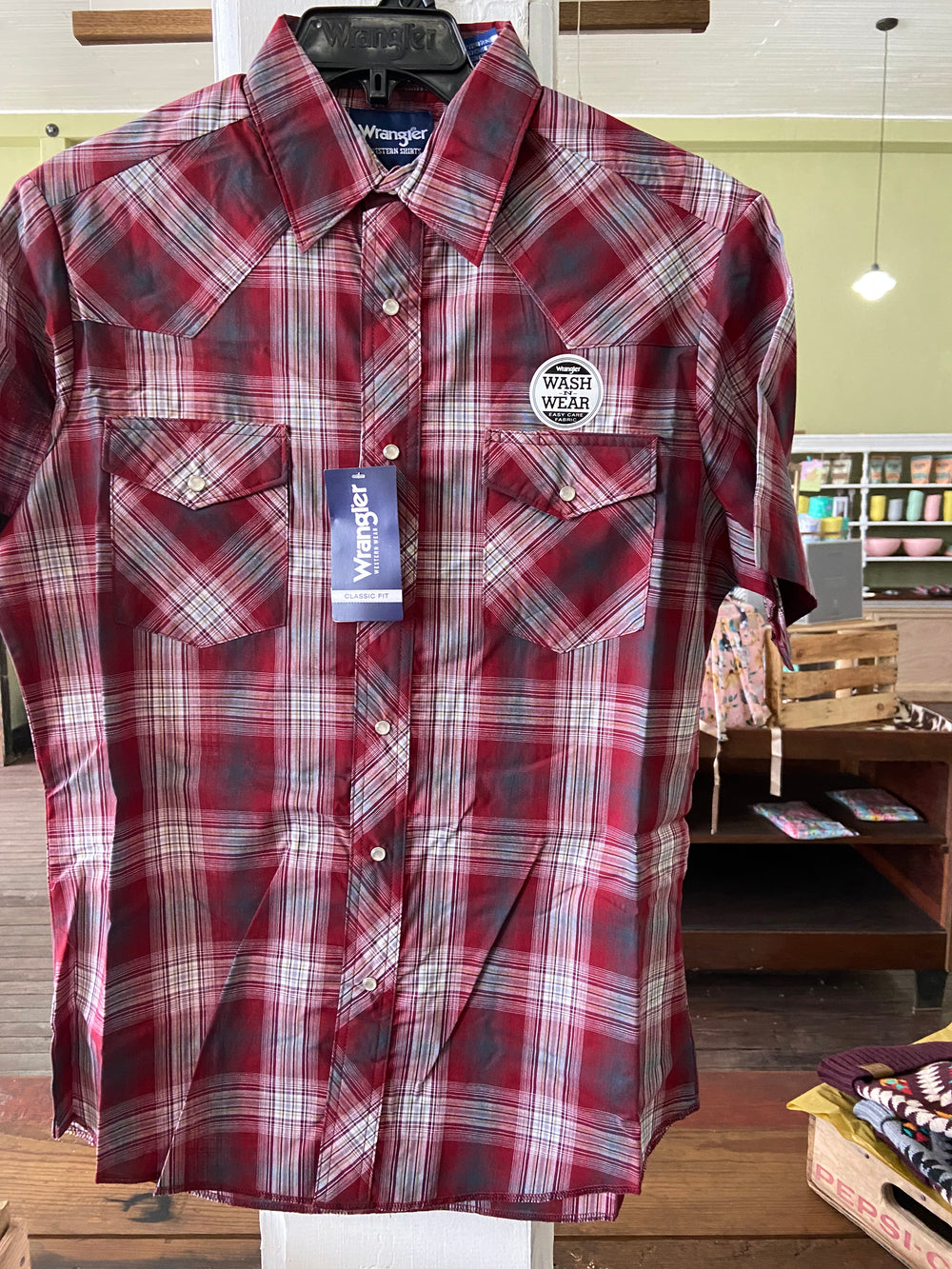 Wrangler Pearl Snap Mens Short Sleeve (Burgundy Plaid) | Deer Creek  Mercantile