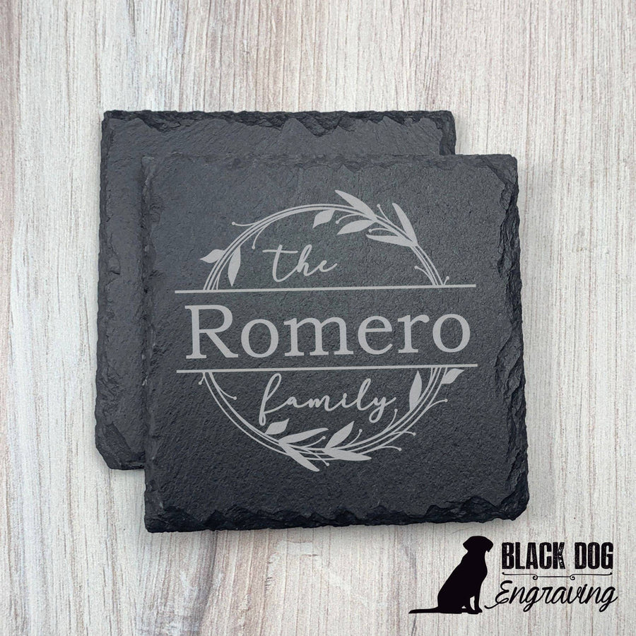 Customized Family Name Black Slate & Acacia Wood Coasters with Brass Inlay:  Closing Gifts for Realtors and Home Decor – LuLu Grace