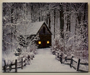 Lighted Canvas W Timer 17 X 14 Snowy Path To Barn Blue