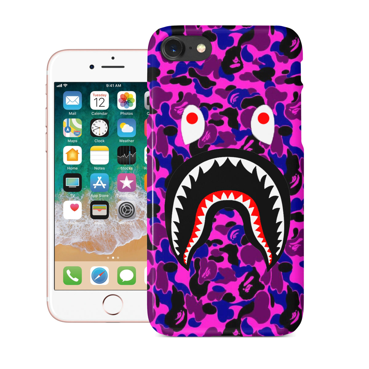 Purple Camo Bape Bathing Ape Shark Mouth Phone Case for iPhone 7 8    SE