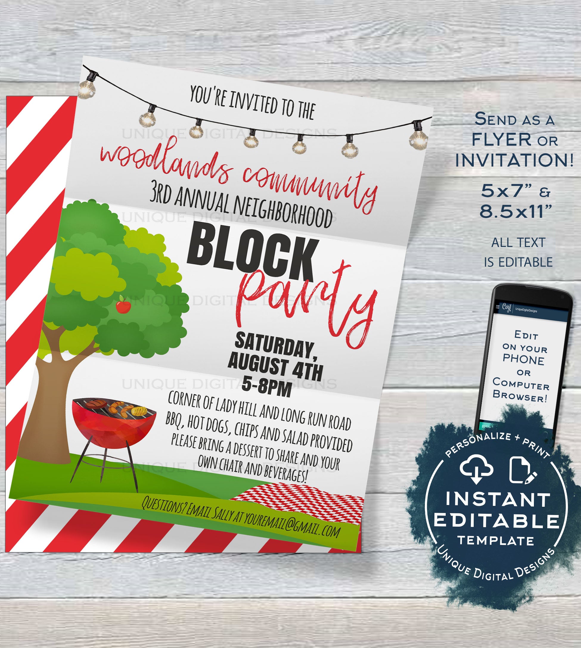 Block Party Invitation , Editable Neighborhood Street Party Flyer, Bac