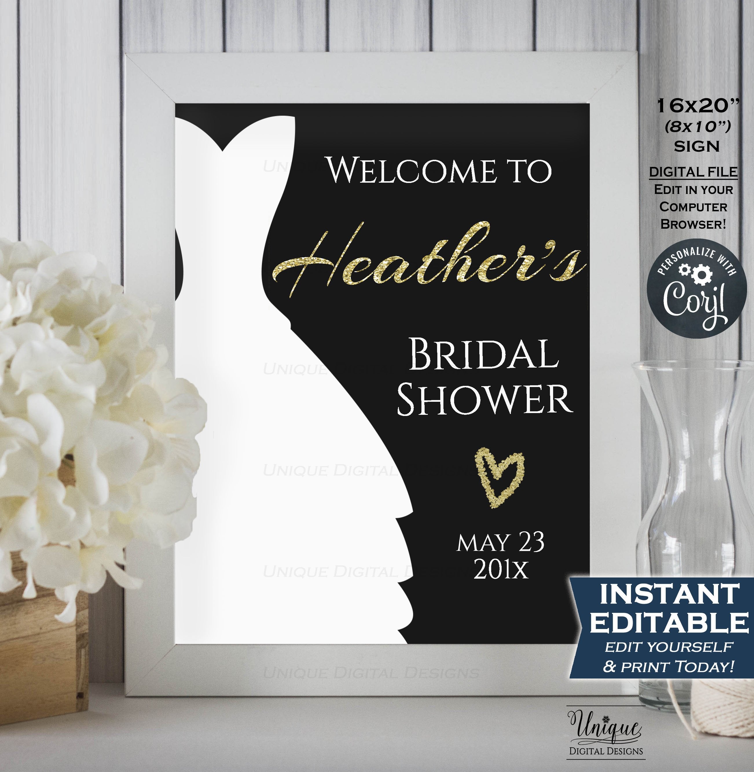 Bridal Shower Sign, Black Gold Wedding Sign, Bridal Shower Pos